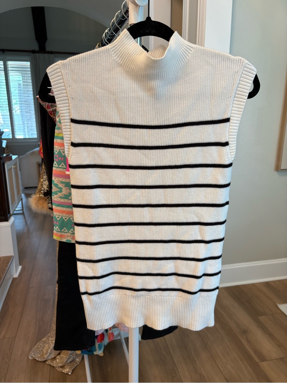Talbots Sleeveless Mock Neck Striped Knit Top - White/Black